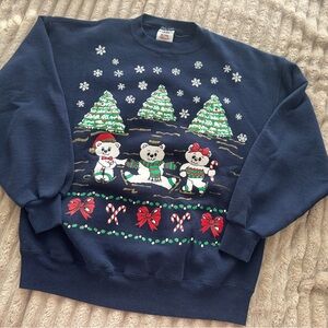 Vintage Festive Navy Blue Sweater with Bear Design Christmas